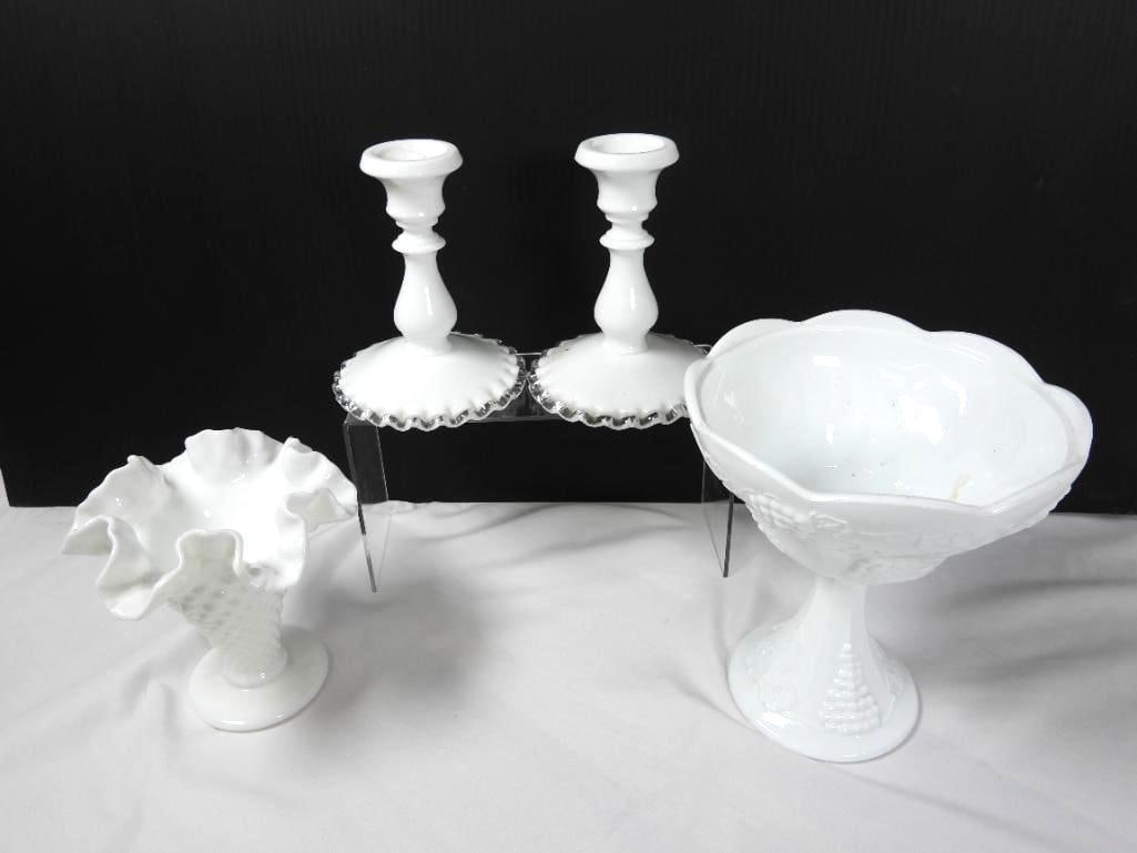 LOT OF 4 VINTAGE FENTON & INDIANA GLASS: LOT OF 4 VINTAGE DEPRESSION ERA FENTON AND INDIANA COLONY GLASS SERVING AND DINNER PIECES: 1 INDIANA GLASS 1950's milk glass "Harvest grape" footed punch bowl L7"xW7"xH7.5"; 1 FENTON footed milk glass