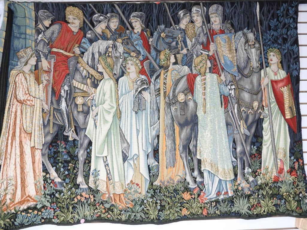 VINTAGE WOVEN WALL TAPESTRY ART HOLY GRAIL: LOT OF 1 VINTAGE WOVEN TEXTILE ART HOLY GRAIL: 1 Decorative tapestry depicting "Departure of the Knights" in search of the Holy Grail based on the work of Edward Burne Jones and Morris & Co L73"xH53"