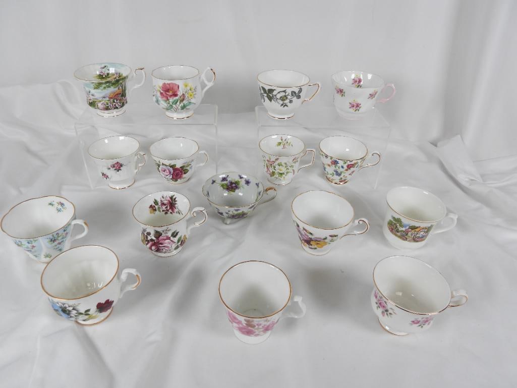 LOT OF 16 Vintage Porcelain floral Teacups Mostly ENGLAND: Includes: Royal Albert, Elizabethan, Bluebird China, Royal dover, Queen Anne, Regency English, Royal Dover, Hammersley, Lefton, Majesti choice Staffordshire England,
