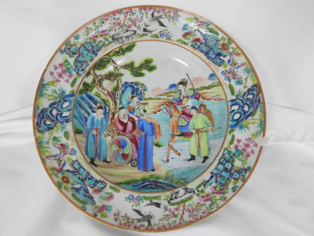 ANTIQUE CHINESE Rose Mandarin Rose Canton BOWL: ANTIQUE CHINESE BOWL: 19th -early 20th century Antique Hand painted bowl depicting elders meeting with birds and flowers edging the piece (Slight chip along the rim)L10"xW10"xH2"