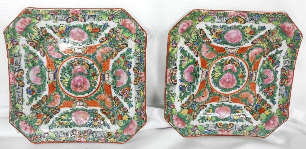 LOT OF 2 ANTIQUE CHINESE Famillie rose medallion PLATES: LOT OF 2 ANTIQUE CHINESE PLATES: 19th -early 20th century 2 Antique Chinese square plates with what could be the "Rose Medallion" pattern hand painted on its face + features "Made in China" on the