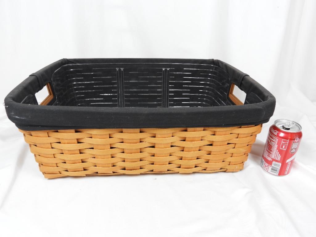 Large LONGABERGER BASKET: LONGABERGER BASKET: 1 Rectangular Longaberger basket with cut out handles and a black fabric inlay L21"xW16"xH7.5"