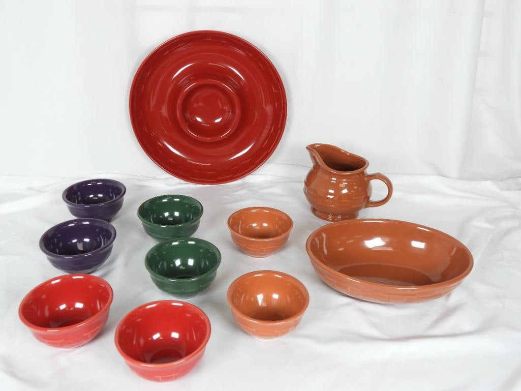 LOT OF 11 LONGABERGER POTTERY CHIP & DIP SERVING BOWLS AND MORE: LOT OF 11 LONGABERGER POTTERY SERVING DISHES, BOWLS, AND PITCHER:8 Mini serving bowls in purple, orange, green, and red L4"xW4"xH2.5"; 1 Large chips and dip serving dish in red L12"xW12"xH2"; 1 oval s
