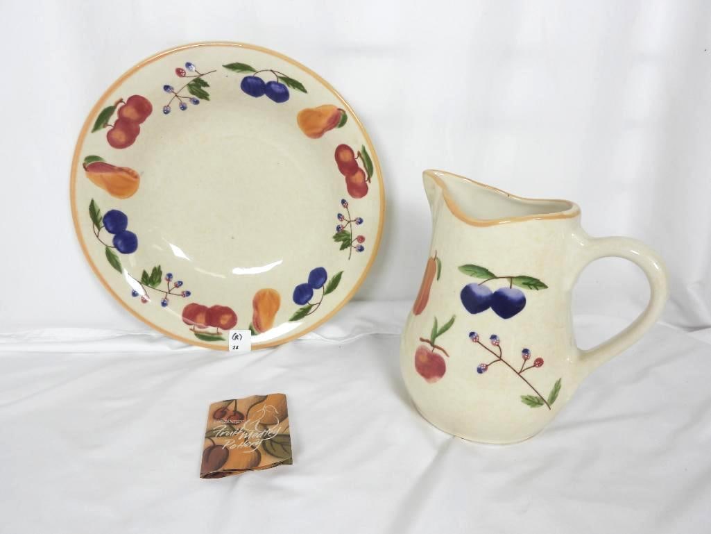 LOT OF 2 LONGABERGER POTTERY FRUIT MEDLY PITCHER AND BOWL: LOT OF 2 LONGABERGER POTTERY PITCHER + LARGE BASIN BOWL: 1 Large pitcher with a design labeled as "Fruit Medley" L9"xW7"xH9"; 1 Large washing dish with a design labeled as "Fruit Medley"