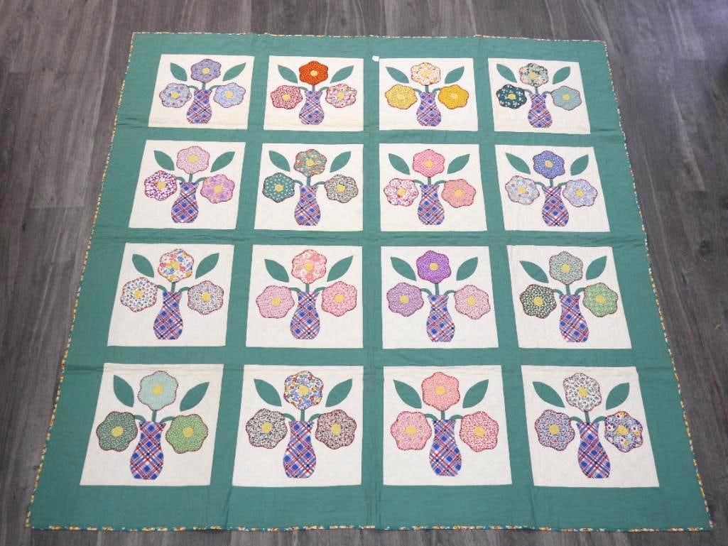 Vintage Hand quilted and machine Quilt Floral: DUTCH STYLE BLANKET:1 Blanket in cyan and off white with square sectioned vignettes of flowers on the front and a pattern of wildflowers covering the back L77"xW77"