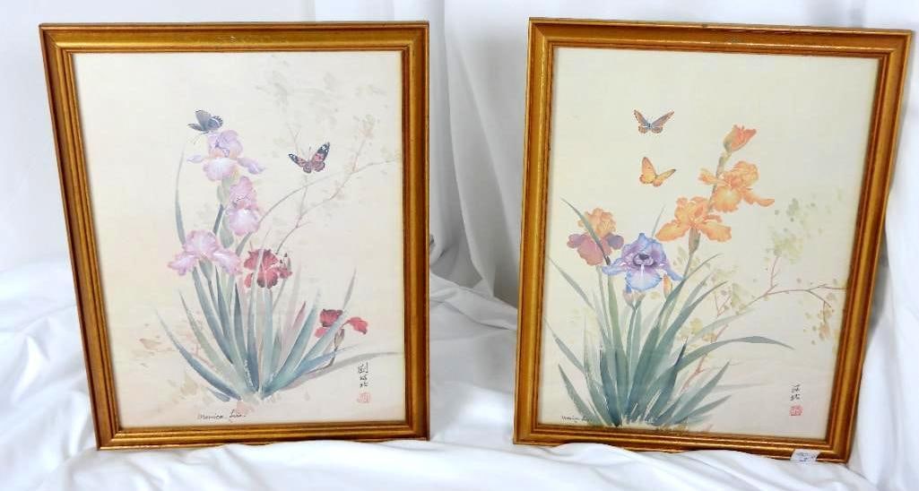 LOT OF 2 MONICA LIU SIGNED WATERCOLOR FRAMED ART: LOT OF 2 WATERCOLOR ARTWORK MONICA LIU: 2 Pieces of artwork by Monica LiU depicting a watercolor drawing of irises and butterflies L12"xW16" (With frame) L13.5"xW17.5"