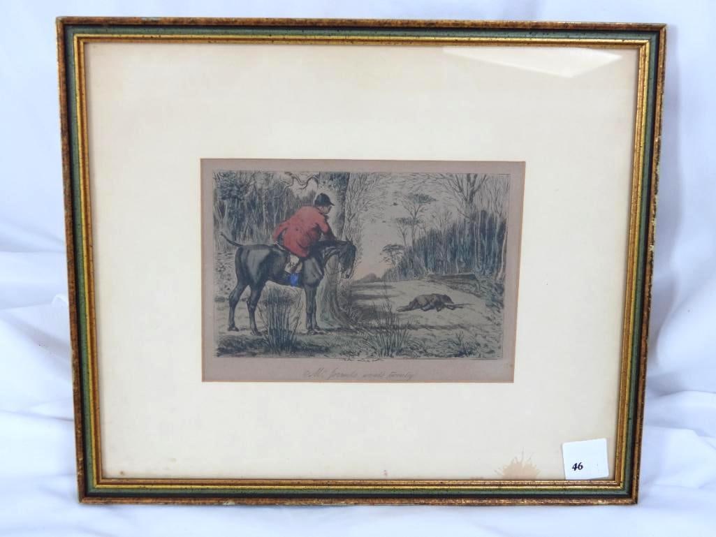 ANTIQUE PAINTING JOHN LEECH "Mr. Jorrocks wants Twenty": ANTIQUE PAINTING BY JOHN LEECH: 1 Antique painting "Mr. Jorrocks wants twenty" by John Leech depicts an English hunting scene of a rider and a fox 1854 (dimensions without frame) L7"xW5" (dimensions w