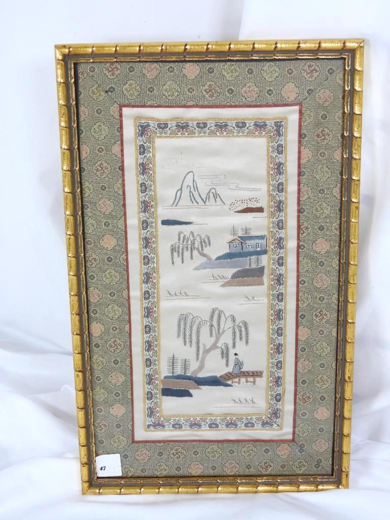 VINTAGE CHINESE SILK SIGNED SILK PANEL FRAMED VIGNETTE: VINTAGE FRAMED CHINESE SILK VIGNETTE: 1 Chinese handcrafted silken panel depicting a house and its resident with a patterned fabric framing (dimensions without frame) L9.5"xW16.5" (dimensions with fra