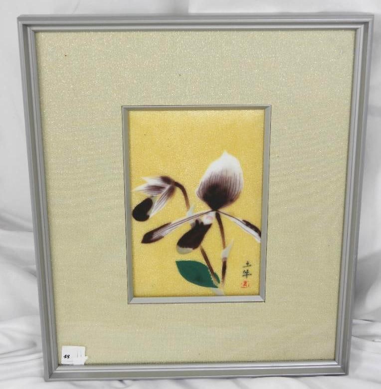SIGNED JAPANESE ARTWORK SIGNED ORCHID on glass framed (1 of 4)
