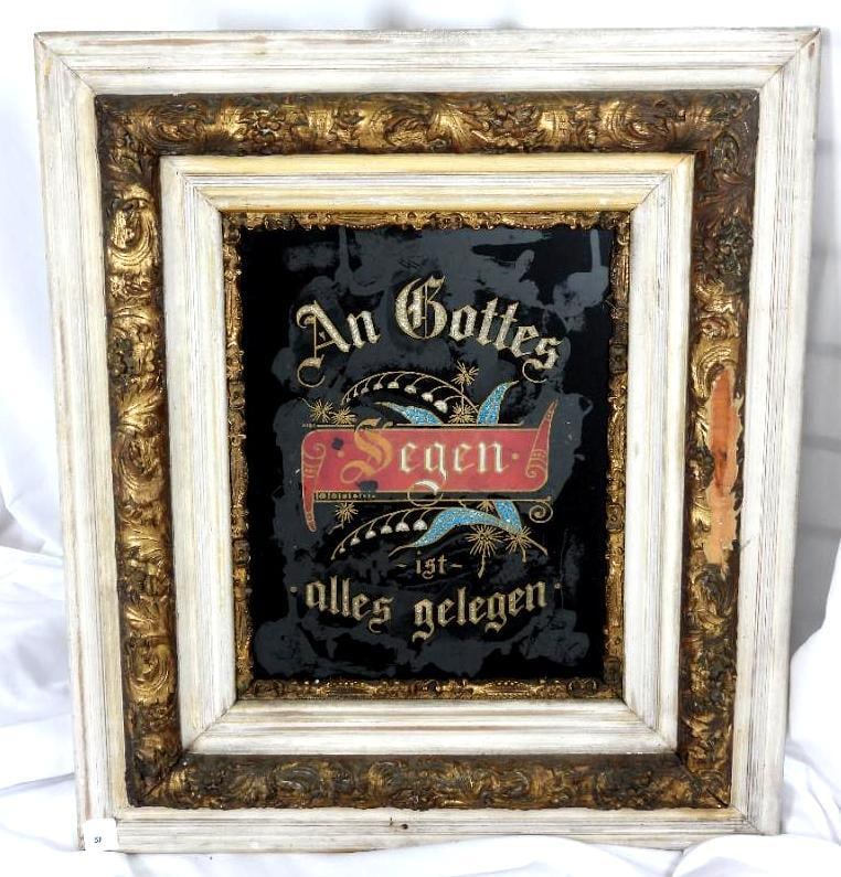 ANTIQUE GERMAN GLASS REVERSE PAINT "HOUSE BLESSING" FRAMED: ANTIQUE GERMAN REVERS GLASS: 1 Antique German reverse glass often used as a house blessing with this one stating "Everything depends on God's blessing", Item has slight damage to the frame (dimensions