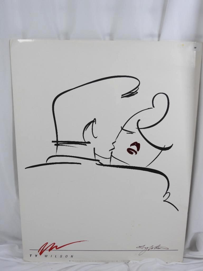 VINTAGE 1990's "EMBRACE" "KISS" Signed by ty Wilson on foam board: VINTAGE 1990'S POSTER: 1 Vintage 1990's print on foam board titled either "Embrace" or "The Kiss" by American artist Ty Wilson featuring a minimalist design of two lovers in embrace L24"xW32"