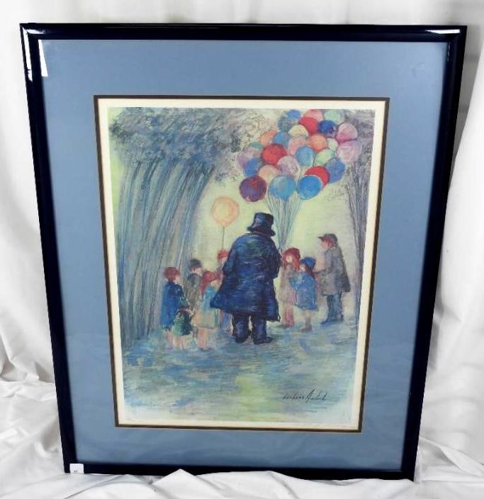 Barbara Wood "The Balloon Man" Framed LIMITED EDITION ART: LIMITED EDITION ART BY BARBARA A. WOOD: 1 Limited edition lithograph titled "Balloon Man" signed and produced by Barbara A. Wood featuring children gathered around a man in a suit and hat handing out 