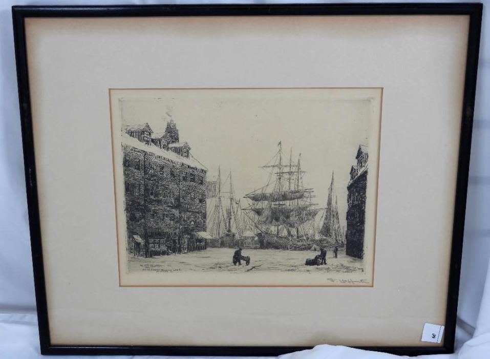1881 FREDERIC LEO HUNTER SIGNED ETCHING "AT THE FOOT OF MAIDEN LANE": 1881 ORIGINAL SIGNED ETCHING ARTWORK: 1 Etching titled "At the Foot of Maiden Lane" by the American artist Frederick Leo hunter in New York, N.Y. depicting maritime view of New York city in 1881 (dime