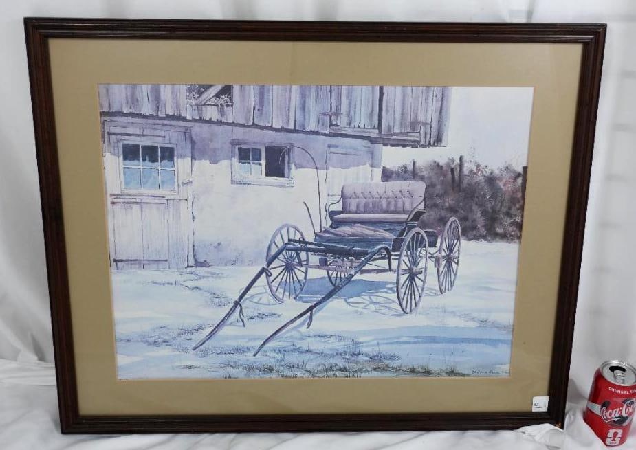 MILDRED SANDS KRATZ CARRIAGE AND BARN SCENE FRAMED: WATERCOLOR PRINT BY MILDRED KRATZ: 1 Watercolor print by American artist Mildred S. Kratz feature an carriage and barn (dimensions without frame) L26"xW21" (dimensions with frame) L29.5"xW24"
