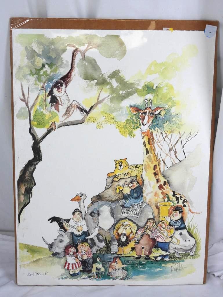 DON NEDOBECK SIGNED "ZOOS in BLUES in B FLAT": LITHOGRAPH BY DON NEDOBECK: 1 watercolor titled "Zoos' in Blues in B flat" features a whimsical illustration of zoo animals playing musical instruments is signed by the artist himself Don Nedobeck and