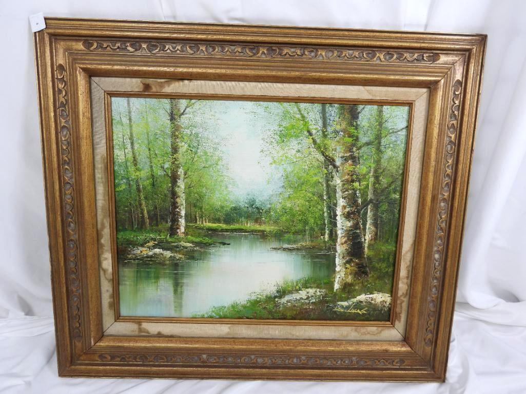 ORIGINAL OIL PAINTING FRAMED LANDSCAPRE FOREST SCENE HAND SIGNED LUCAS (1 of 3)