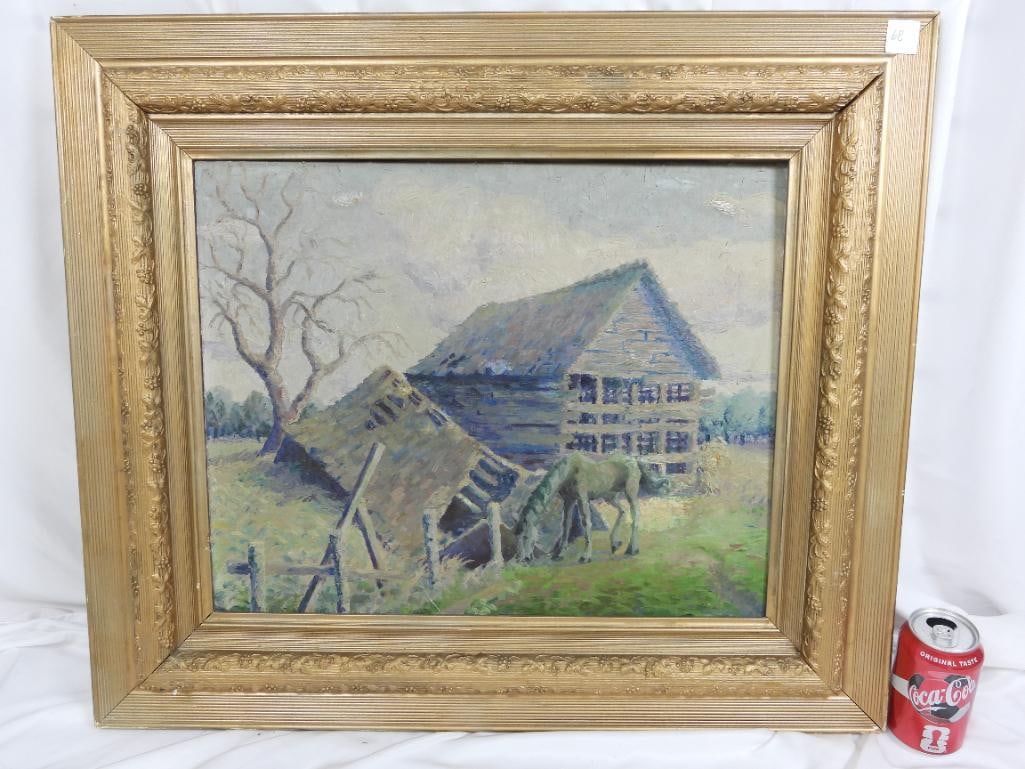 ANTIQUE LARGE FRAMED OIL PAINTING Horses Pastural Scene (1 of 5)