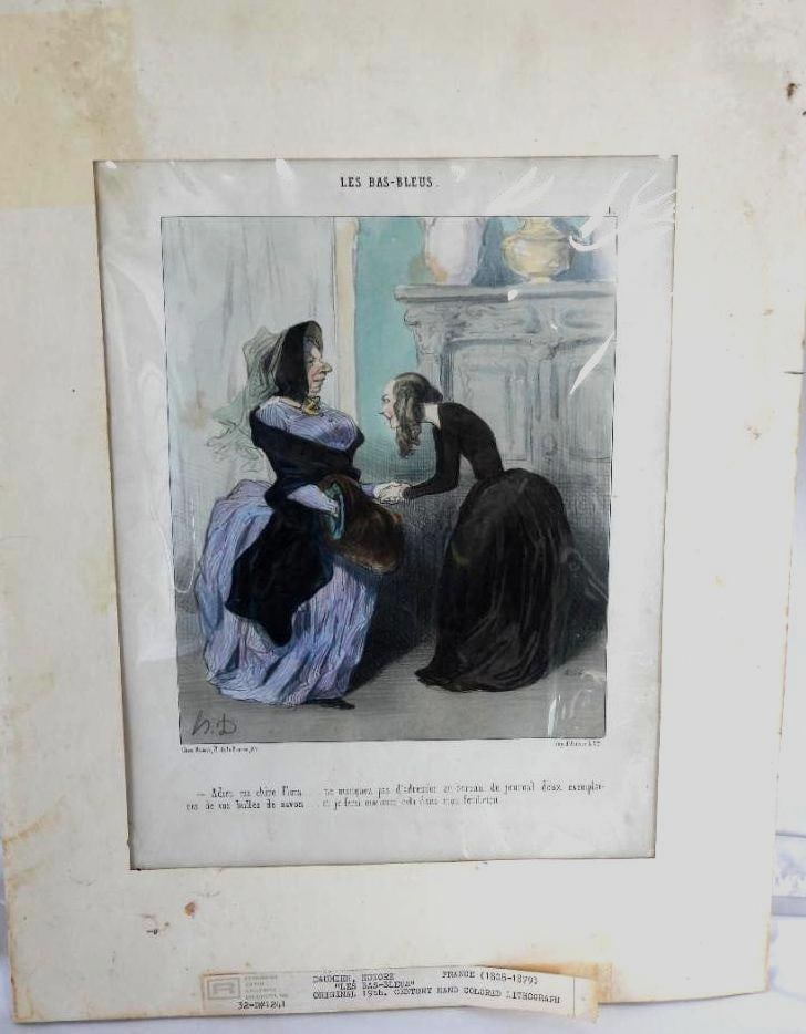 VINTAGE ORIGINAL 19TH CENTURY HAND COLOR LITHOGRAPH "LES BAS-BLEUS" (1 of 9)
