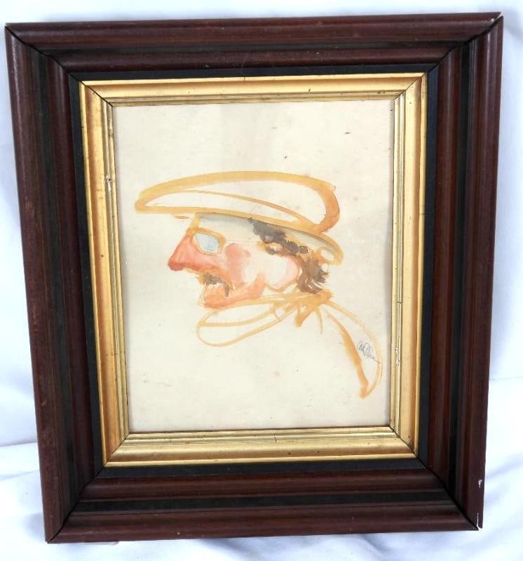 VINTAGE ORIGINAL WATERCOLOR CARICATURE "MAN WITH HAT AND MUSTACHE" SIGNED: VINATAGE ORIGINAL WATERCOLOR "MAN WITH HAT AND MUSTACHE SIGNED BY C.P. REESE, IN FRAME