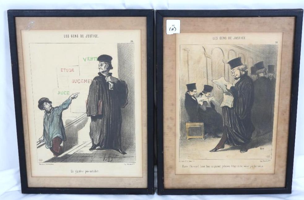 LOT OF 2 ANTIQUE ORIGINAL COLOR ETCHINGS 19TH CENTURY FRANCE "LES GENS DE JUSTICE": 1 "LES GENS DE JUSTICE" TITLE 'MAITRE CHAPOTARD LISANT DANS UN JOURNAL JUDICIARE L'ELOGE DE LUI MEME PAR LUI MEME.', 1 "LES GENS DE JUSTICE" TITLE 'UN PLAIDEUR PEU SATISFAIT'