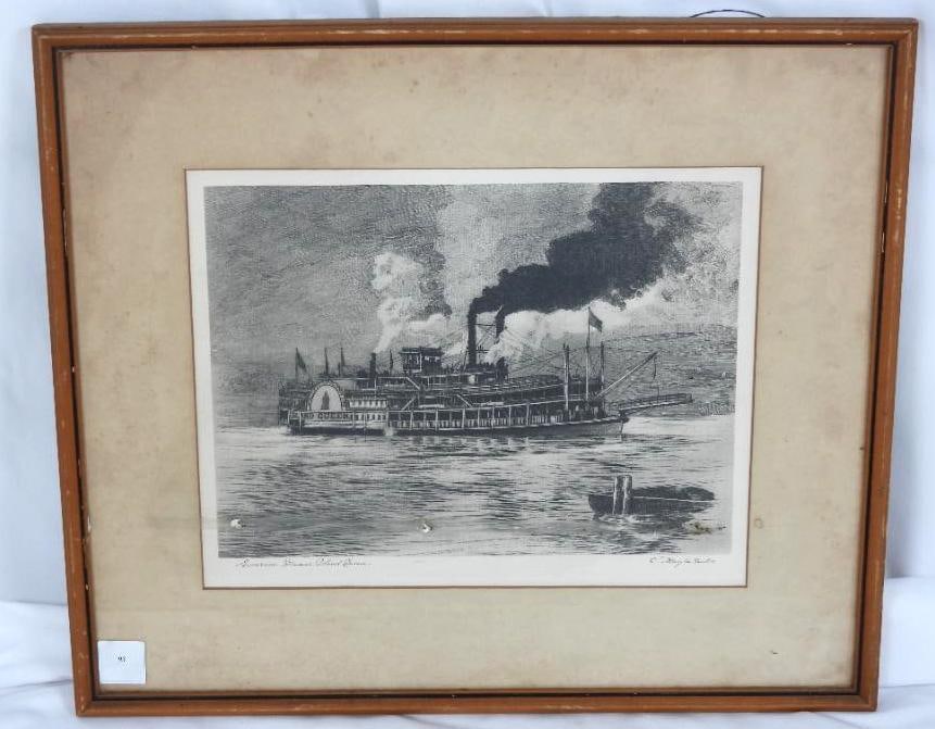 VINTAGE ORIGINAL ETCHING BY MENZO VAN ESVELDT: VINTAGE ORIGINAL ETCHING BY MENZO VAN ESVELT "EXCURSION STEAMER ISLAND QUEEN" 17" WITH FRAME
