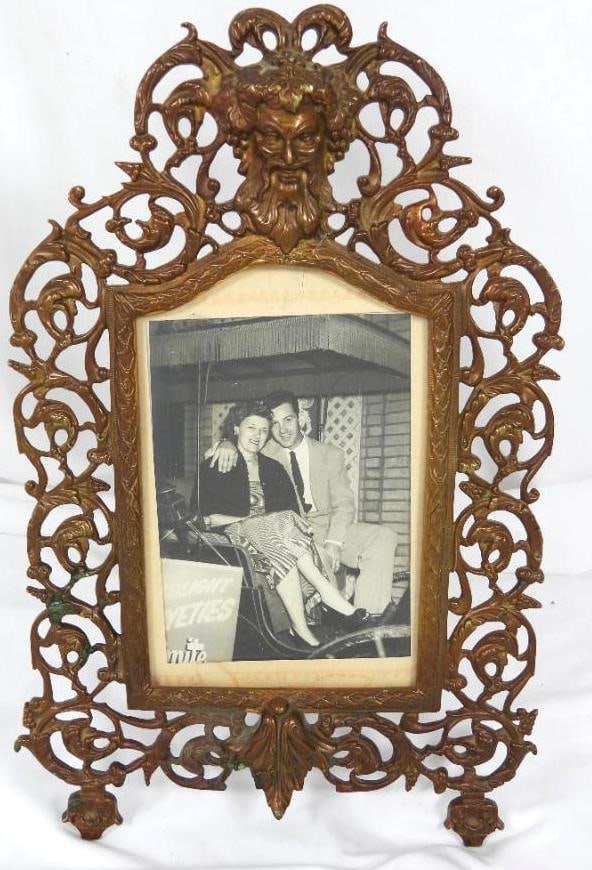 Antique Victorian Gothic Nouveau Cast Iron Guilt picture frame: Measures 15" x 9.5" Heavy cast iron with gold guilt paint ornament gothic late 19th century, early 20th century with