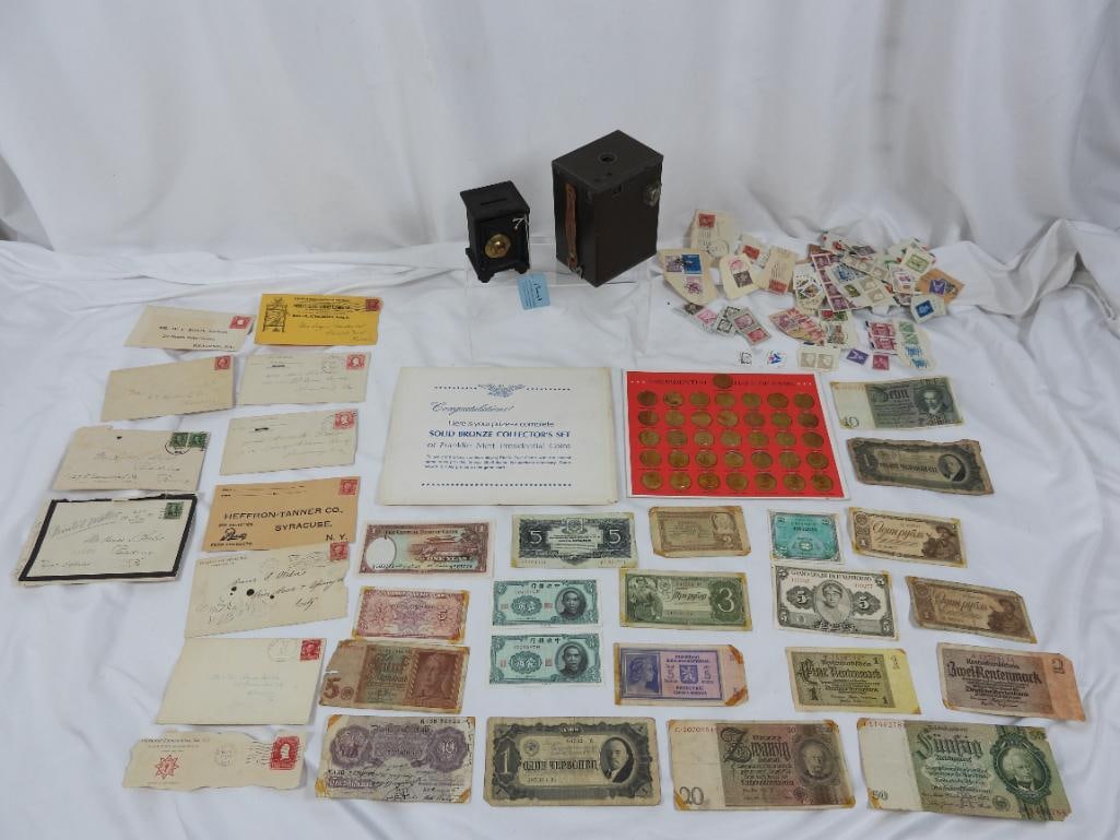 Lot of 4 WWII era World Currency and Stamps, Solid Bronze Franklin Mint Coins, Antique Penncraft: Lot of 4 WWII era World Currency, Solid Bronze Collector's Set of Franklin Mint Presidential Coins, Full Set, Antique Penncraft Miniature Dial Safe Coin Bank, WWII era Camera