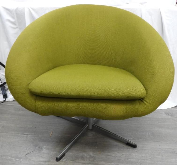 Vintage MCM Mid century modern Lounge pod egg chair Green: Chartreuse (yellow green fabric) 31"across at the widest point x 28" back height x 16" seat height. Aluminum legs do not swivel. Some thread wear in a few small areas. Look at photos closely