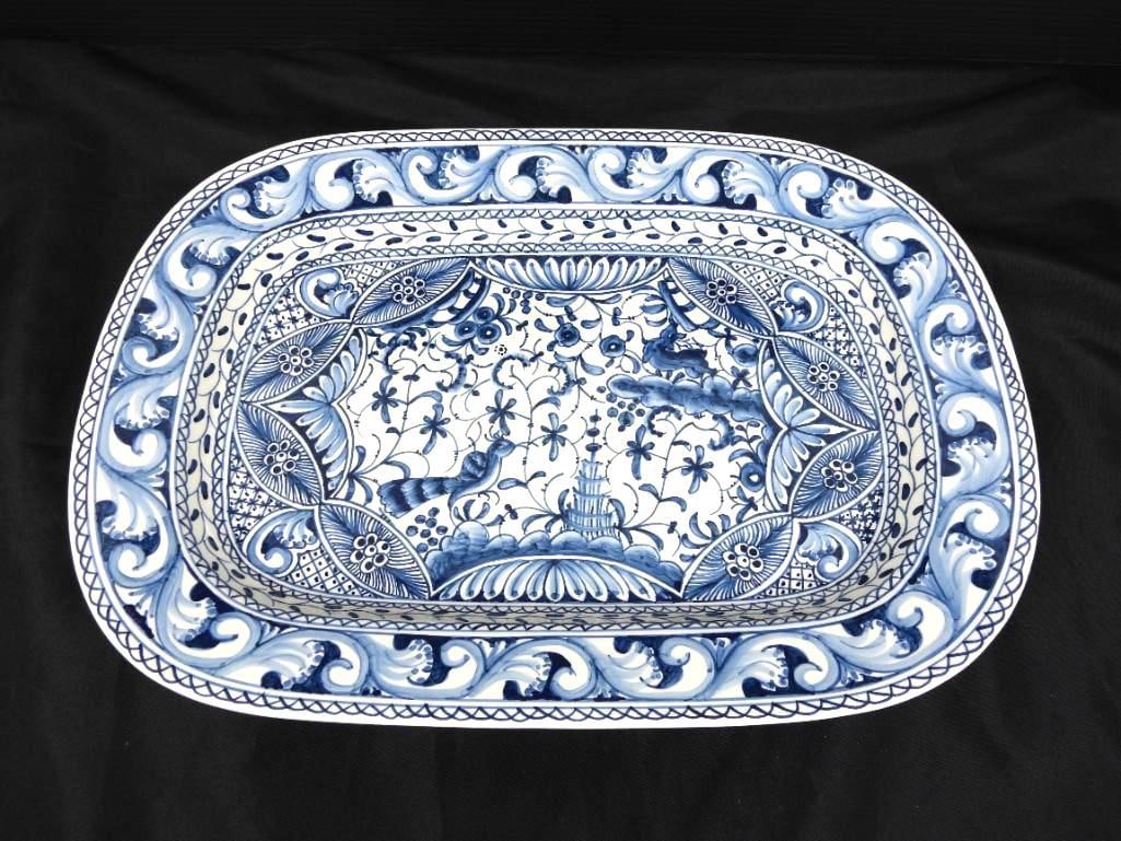 NEW in BOX BLUE PAVOES Rectangular Platter Portugal Exclusively for Neiman Marcus: Brand new Hand painted, gorgeous blue and white made in Portugal Large deep platter 19.25" long x 13.5" wide x 2.25" deep. gorgeous swirl, leaf and bird designs. lead free, dishwasher and microwave sa