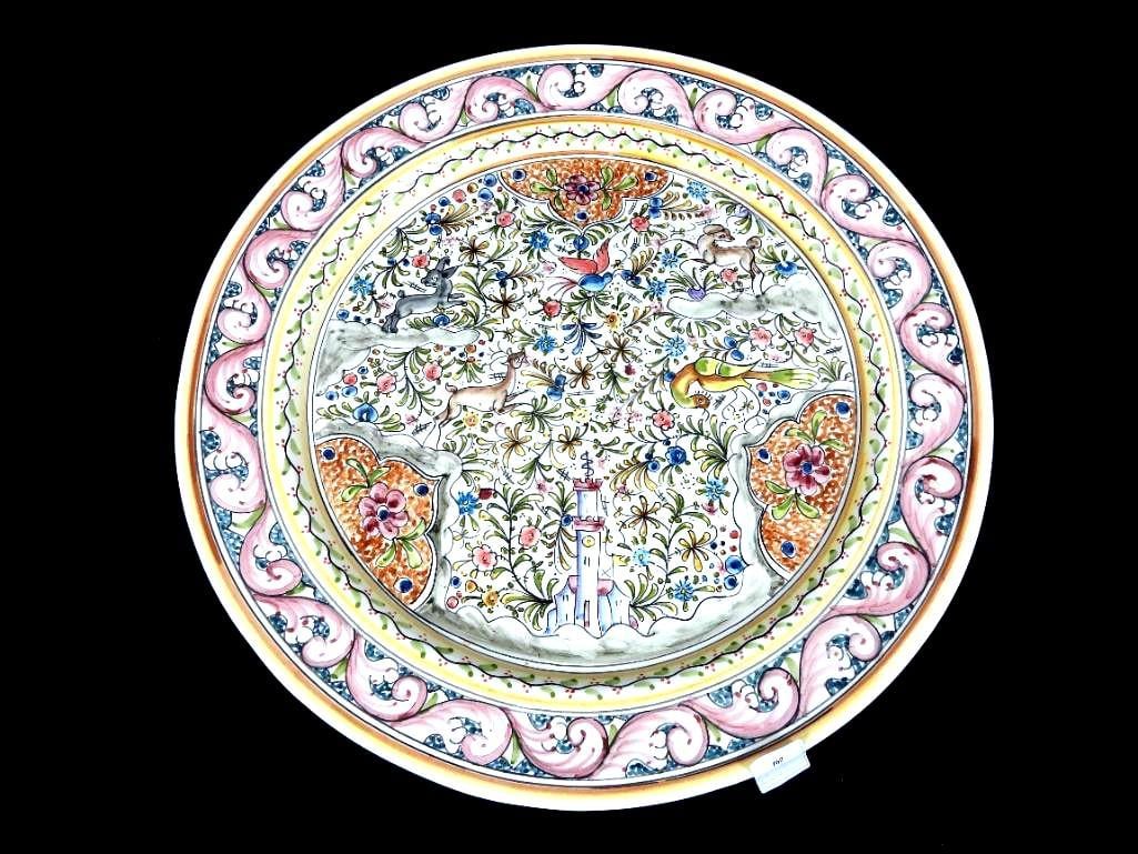 NEW Hand painted artist signed Portugal Large round platter Ceramicas de Coimbra 16" diam. (1 of 5)