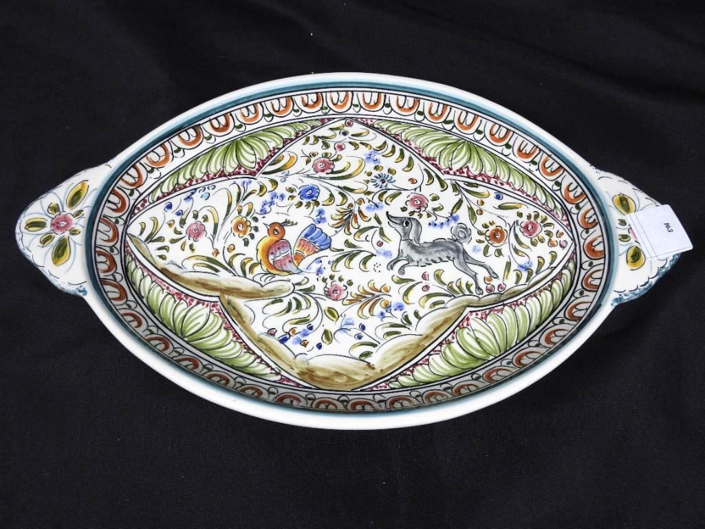 NEW Hand painted artist signed Portugal Ceramicas de Coimbra oval handled platter 13" (1 of 4)