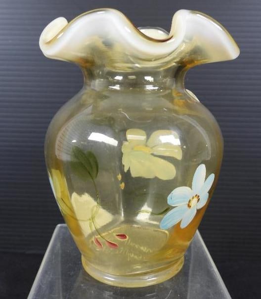 FENTON Yellow Ruffle hand painted floral Vase D. Cutshaw Signed (1 of 4)