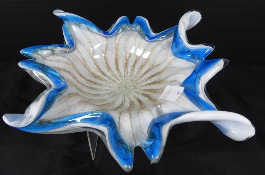 Vintage Murano Glass Mid Century Modern Starfish Star bowl dish. Blue white gold: 1950's-1960's MCM Handblown attributed to Fratelli Toso. Featured: Cased glass design with opaque white outer layer, blue/aqua rim with heavily embedded gold aventurine metallic flacks in strands or v