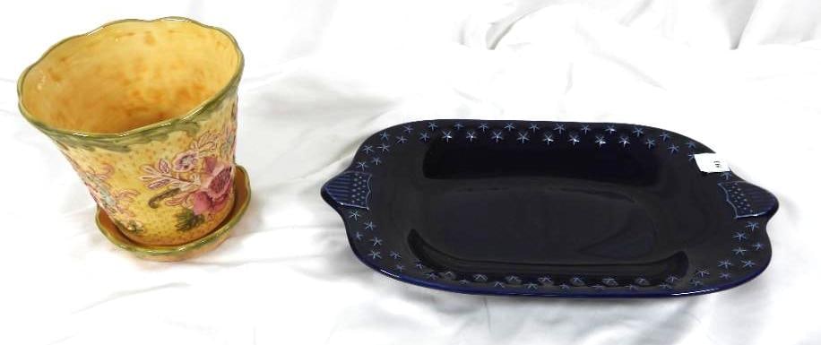 lot of 2 Longaberger Pottery USA MADE Majolica Garden flower pot & proudly American platter (1 of 7)