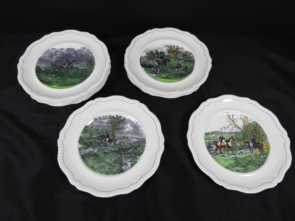 Lot of 12 COPELAND ENGLAND "Hunting Scenes" Dinnerware Dinner Plates 10.5": COPELAND SPODE Hunt Scenes featuring equestrian designs after J.F. Herring. Features a green transferware design. Produced in n England The series includes different stages of a fox hunt such as The K