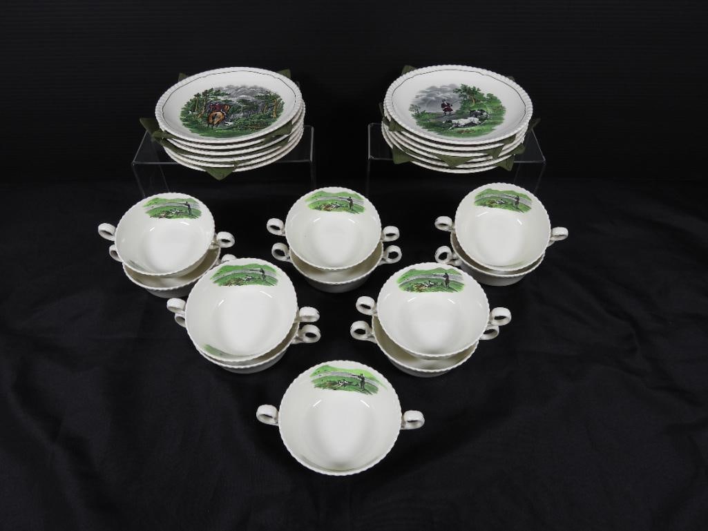 Lot of 23 COPELAND ENGLAND "Hunting Scene (11) handled Soup bowls and (12)Saucers (1 of 10)