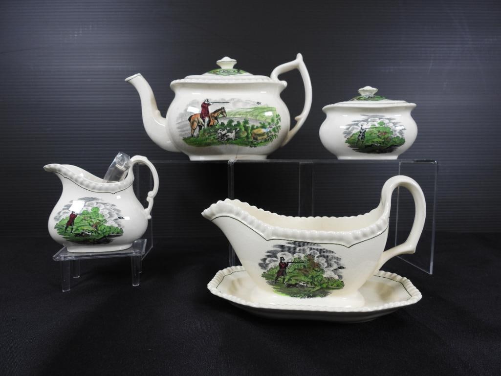 Lot of 4 COPELAND ENGLAND "Hunting Scenes" Serving Pieces Tea, Gravy S&C (1 of 14)