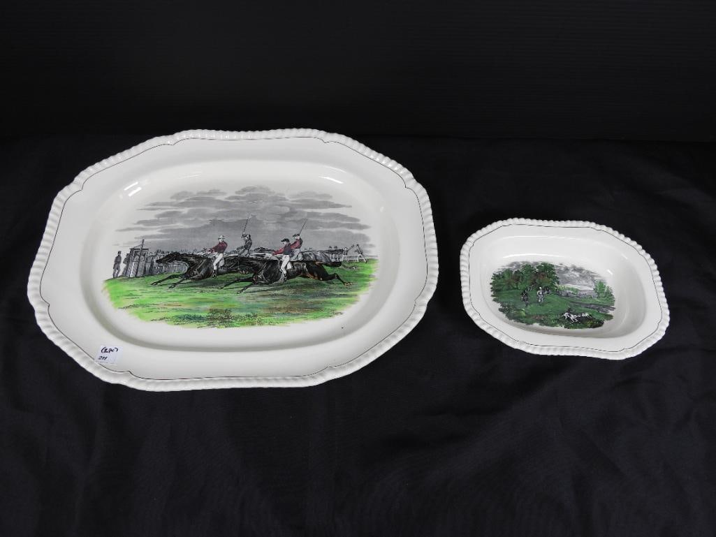 Lot of 2 COPELAND ENGLAND "Hunting Scenes" Huge 19" platter & serving bowl (1 of 5)