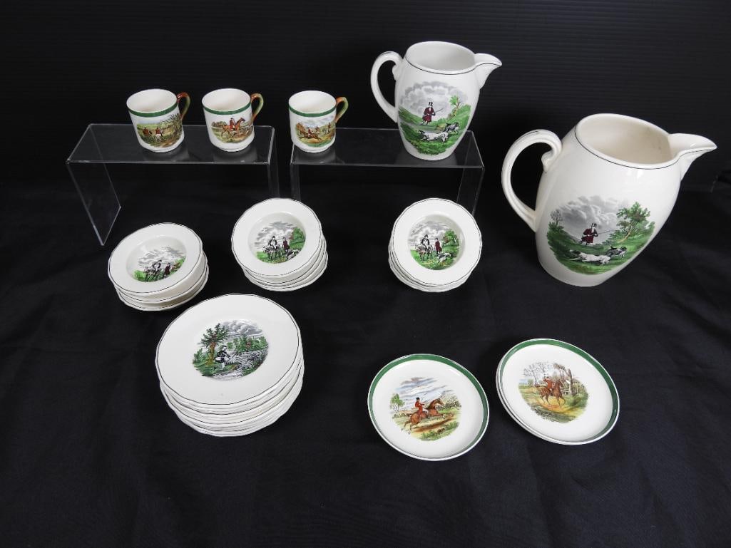 Lot of 31 COPELAND ENGLAND "Hunting Scenes" Plates, cups, Pitchers: COPELAND SPODE Hunt Scenes featuring equestrian designs after J.F. Herring. Features a green transferware design. Produced in n England The series includes different stages of a fox hunt such as The K