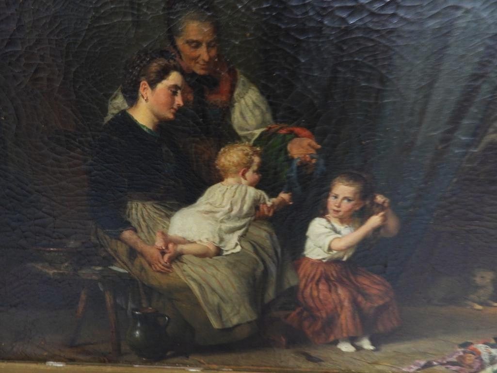 Felix Schlesinger (1833-1910) Original Signed Antique Oil Painting of Family Moments - 3