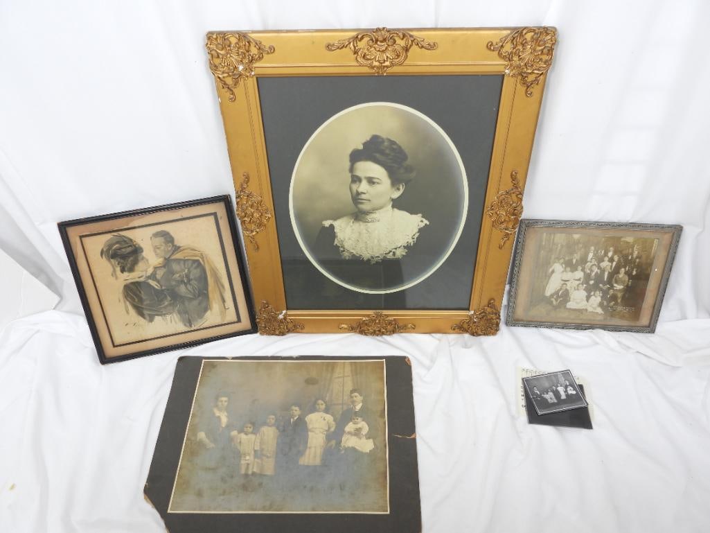 Lot of 3 Antique Victorian ERA Black and white old photos (3 large framed): 12" x 10" framed marked 50th wedding anniversary Mr. and Mrs. H. A. KERST 1863-1913, matted unframed damaged print of 7 member family 20" x 14.5" (plus negative film an small copy). Antique 1907 Ink d