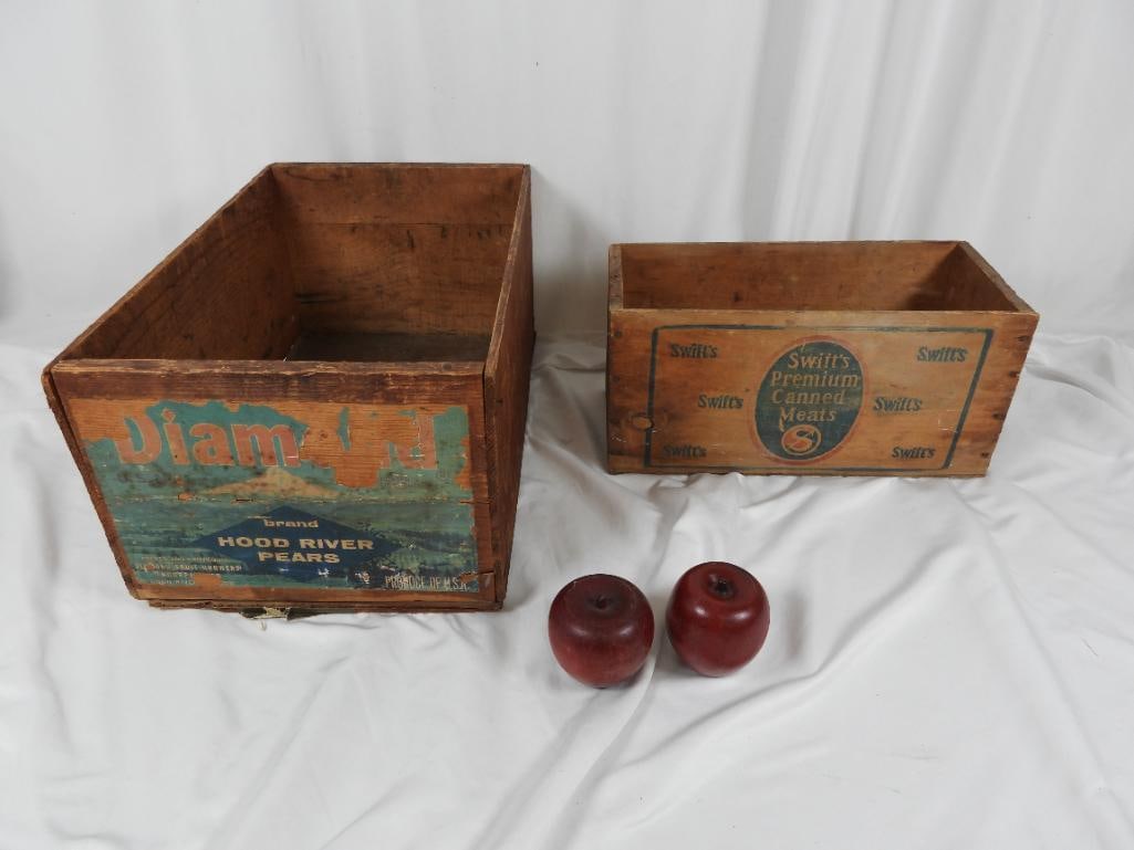 Lot of 2 Primitive Vintage/antique wood boxes advertising: larger box is DIAMON RIVER HOOD RIVER PEARS 12" X 19"X 8.5" H. Lot includes 2 vintage wood red delicious apples. Smaller box is SWIFTS PREMIUM CANNED MEATS 15" x 7" x 7' H