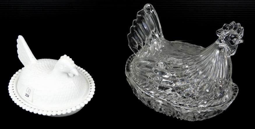 Lot of 2 covered Hen dishes clear and milk glass (1 of 5)