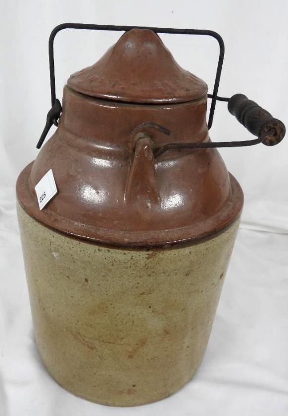 Large Antique YOUNGS Pottery Handled Jug Pat. 1902: Lid embossed MAY 27 1902 No. 1. YOUNGS PAT. 14" TALL x 9" diameter 16" to the top of the metal and wood handle. Chip on the side. Chips on the lid