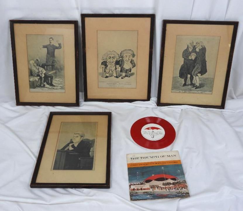 Lot of 4 Antique Original Comical Comedic framed LAW Prints & The triumph of Man record: All 4 have like frames. One is slightly smaller . Approx. 14" x 11". All four are black and white. 1. Titled 'AWAY WITH THE LAWYERS" by Tom Merry, 2. "JOHN DOE and RICHARD ROE BROTHER'S IN LAW", 3.