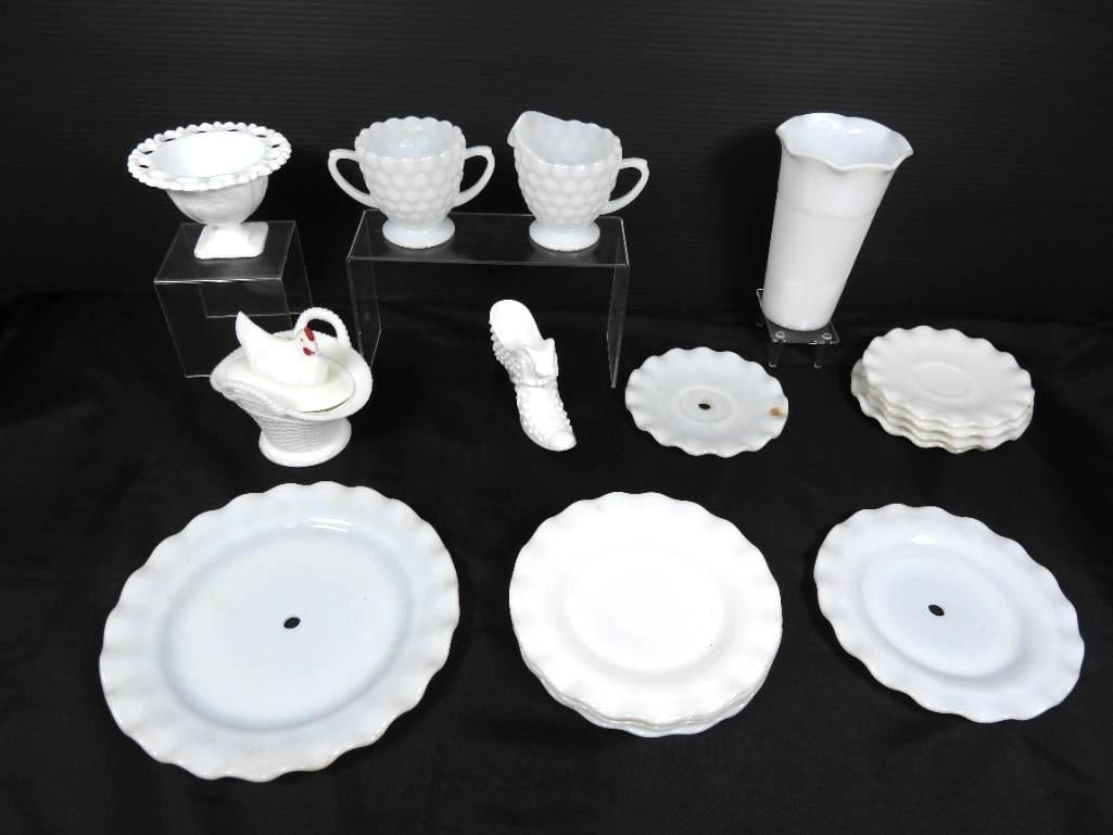 Lot of 15 Milk glass serving, vase, hen and boot. (1 of 9)