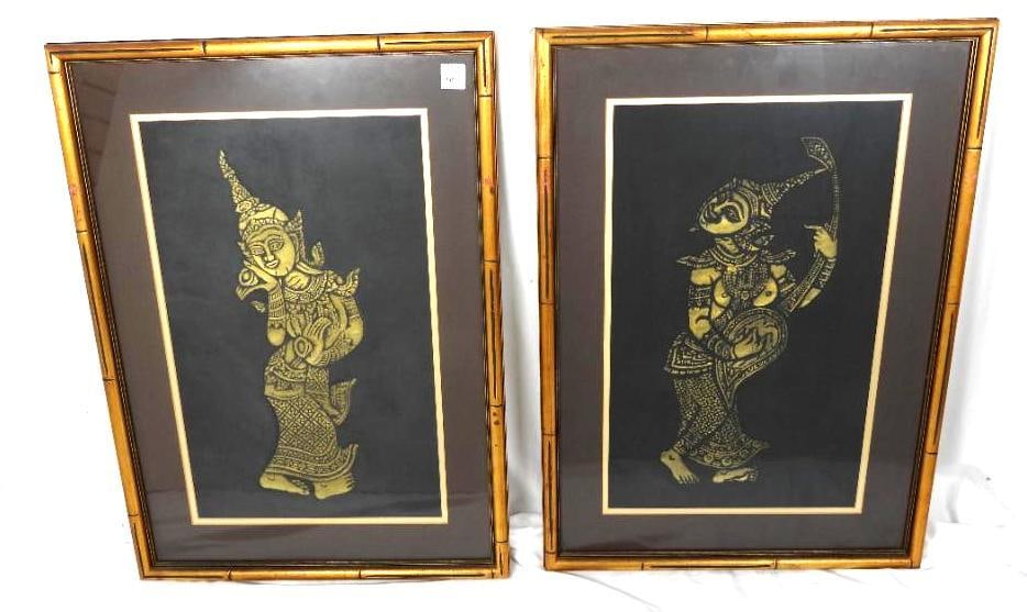 Pair of Vintage Thai Buddhist Temple Gold Embossed on paper Framed: 25.5" x 18.5" framed mattered with gold border and gold painted wood bamboo design frame. 1 is Musician Deity, the other is another Deity. Appears to be painted on Rice or mulberry paper.