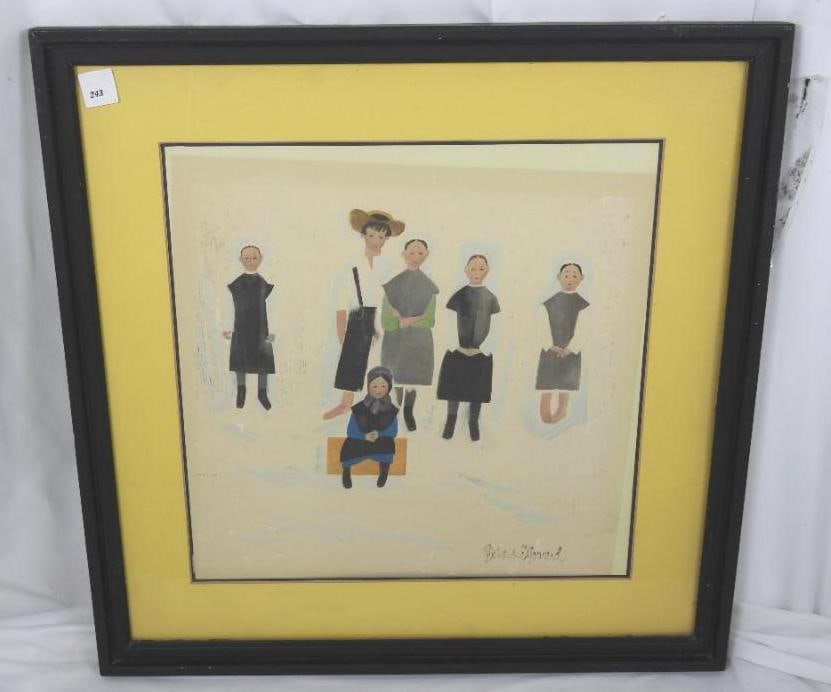 Antique HOWARD Signed "RECESS" Watercolor painting frames.: Richard E. Howard (1912-1996). The painting depicts a group of Amish children, fitting within the Pennsylvania Dutch americana genre. Gouache watercolor or Screenprint. The back framing suggests this