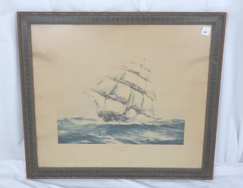 Vintage Framed Print "Flying Cloud" from the painting by J. Spurling: Jack Spurling Clipper Ship vintage Colored Screenprint in a beautiful 25" x 22" vintage wood embossed frame. Bottom right stamped signature J. SPURLING 192