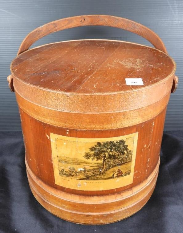 Antique Staved wooden firkin sugar bucket with Currier & Ives Label: Firkin bucket 12" h x 12" diameter. Features Currier & Ives HYDE PARK pictoral label. All wood bucket in clean condition with scratches and wear consistent with age. No chips or cracks on the wood